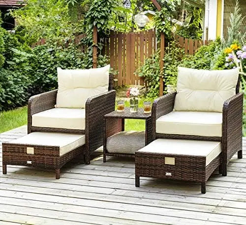 Outdoor Rattan Patio Furniture Set 5 Pieces With Ottomans And Coffee Table