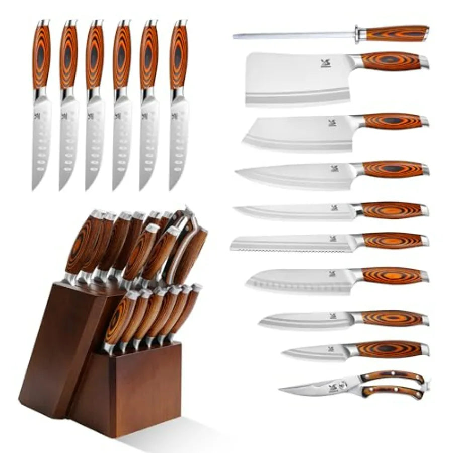 German Steel 17-Piece Knife Set With Wooden Block Kitchen
