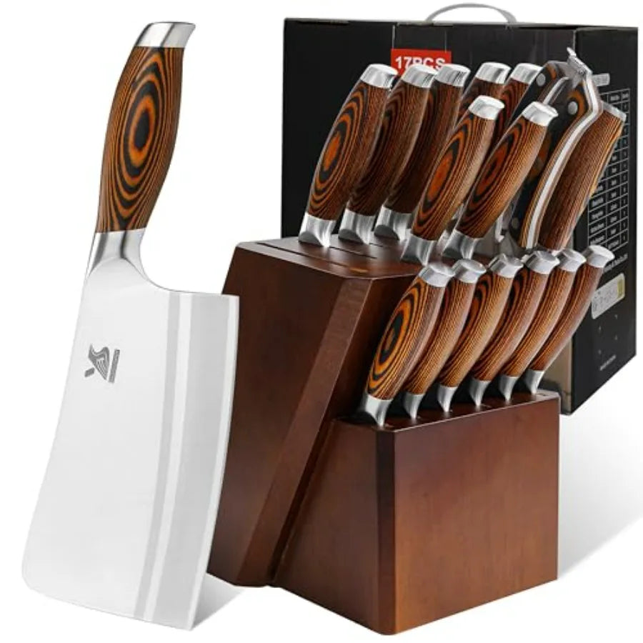 German Steel 17-Piece Knife Set With Wooden Block Kitchen
