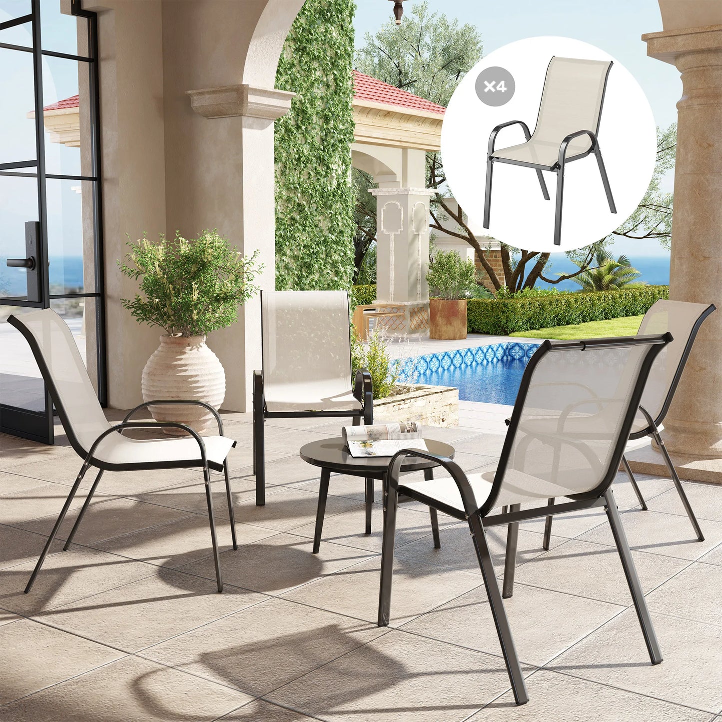 Set Of 4 Outdoor Stackable Patio Dining Chairs With Metal Frames