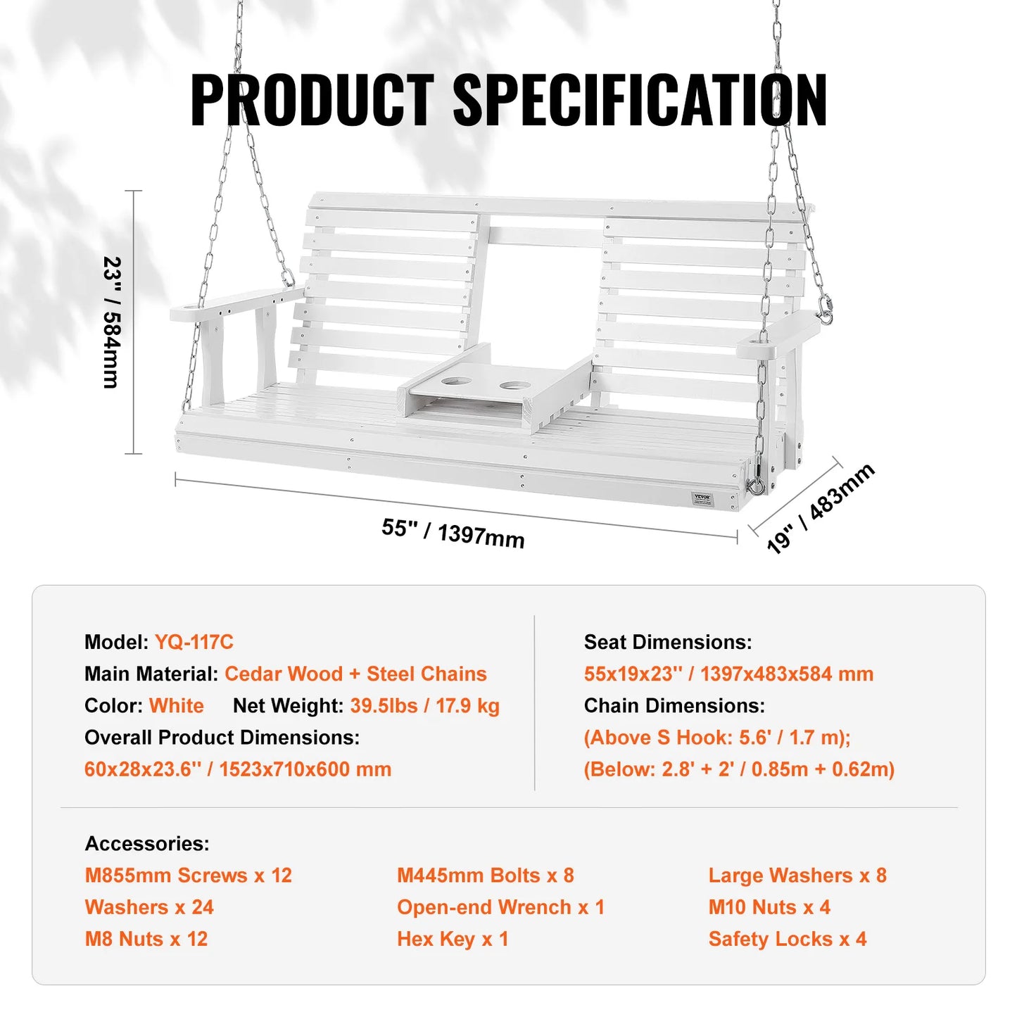 SucceBuy Cedar Wood Porch Swing With Steel Chains