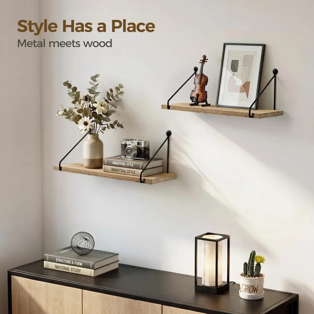 Modern Floating Wall Shelves, Dual Tier Wood Display Storage Organizer