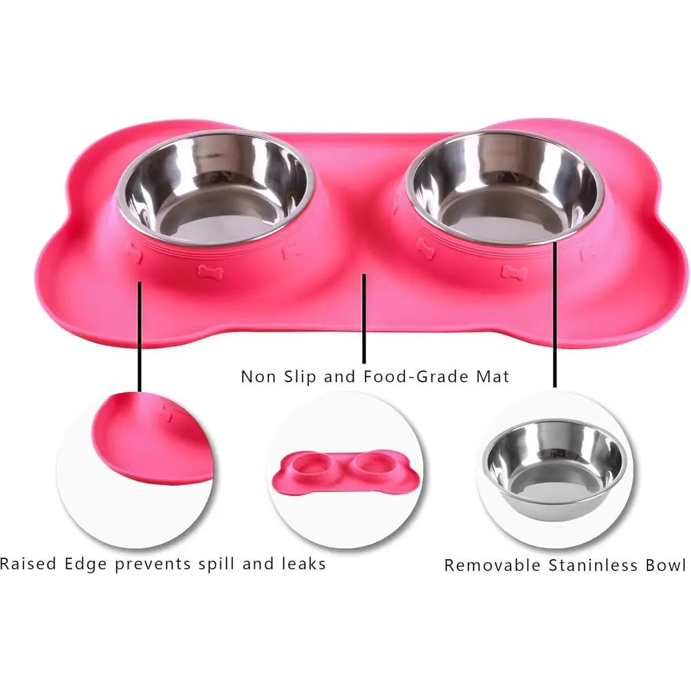 Stainless Steel Dog Bowls Set With No Spill Silicone Mat