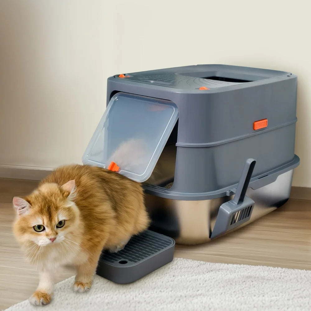 Stainless Steel Cat Litter Box Enclosed Tray With Removable Lid Scoop