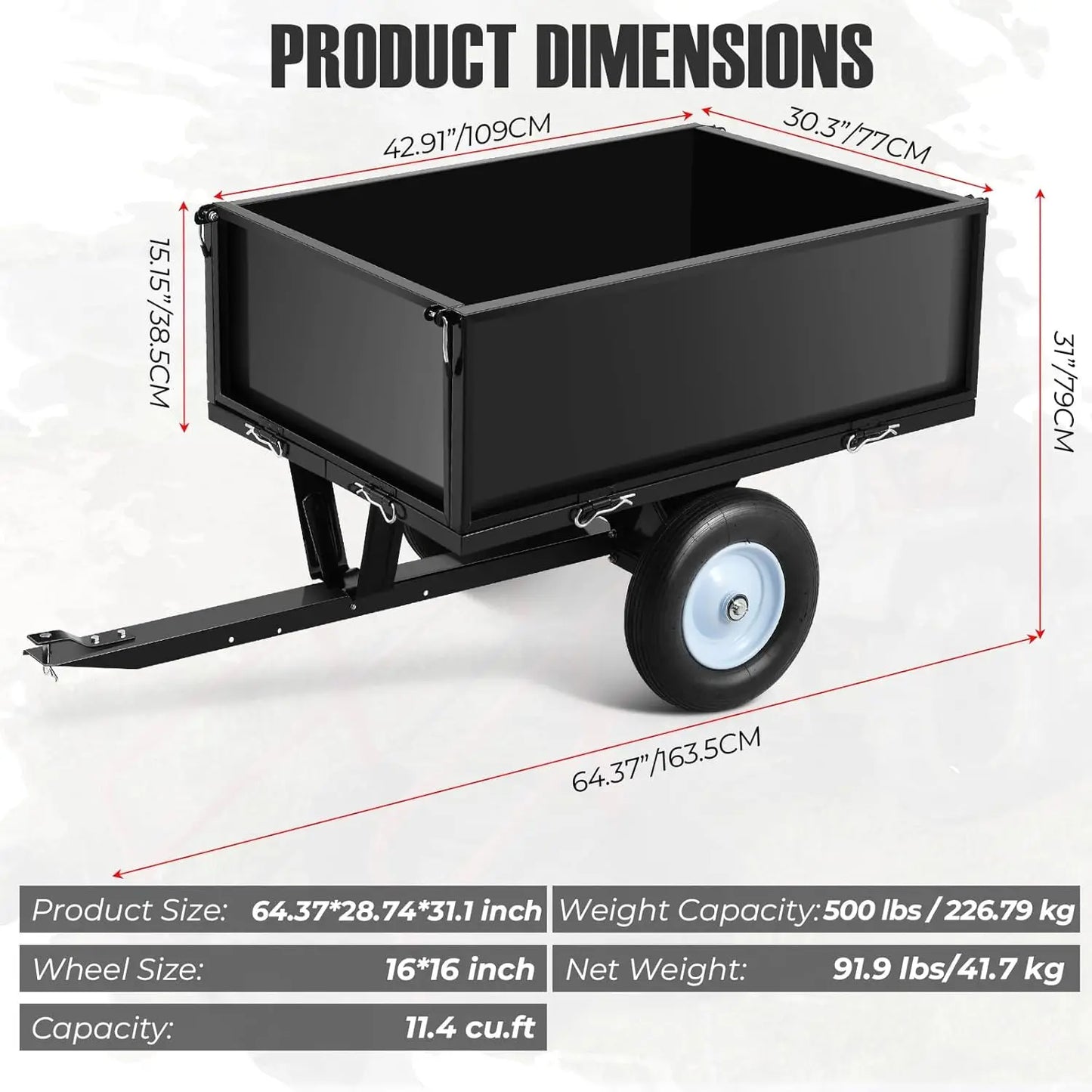 HiMISS 500 Lbs ATV Trailer Dump Cart With Removable Sides