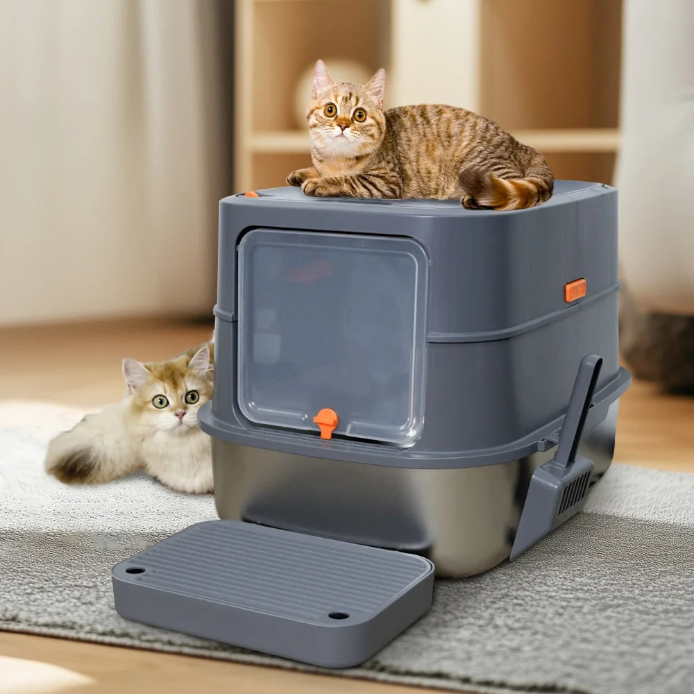 Stainless Steel Cat Litter Box Enclosed Tray With Removable Lid Scoop