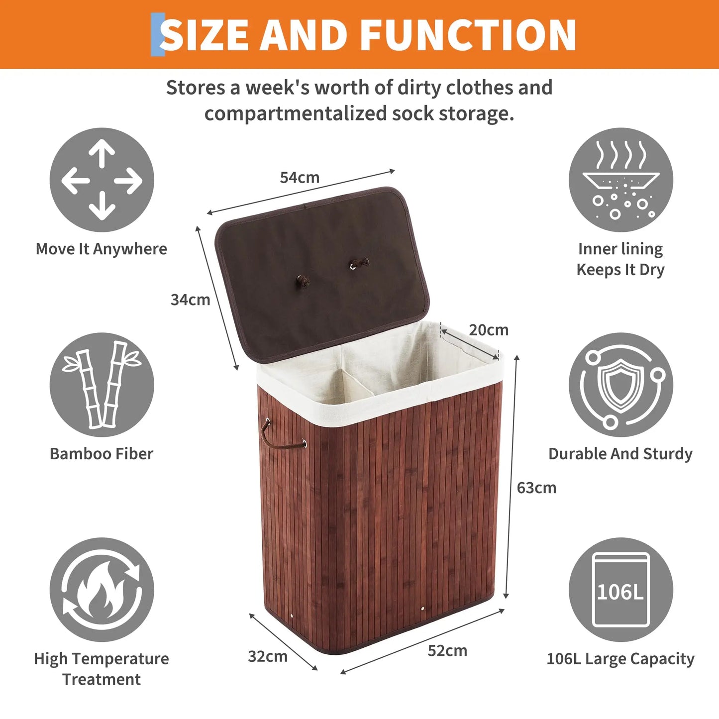HiMISS Bamboo Laundry Hamper With Removable Liner And Lid