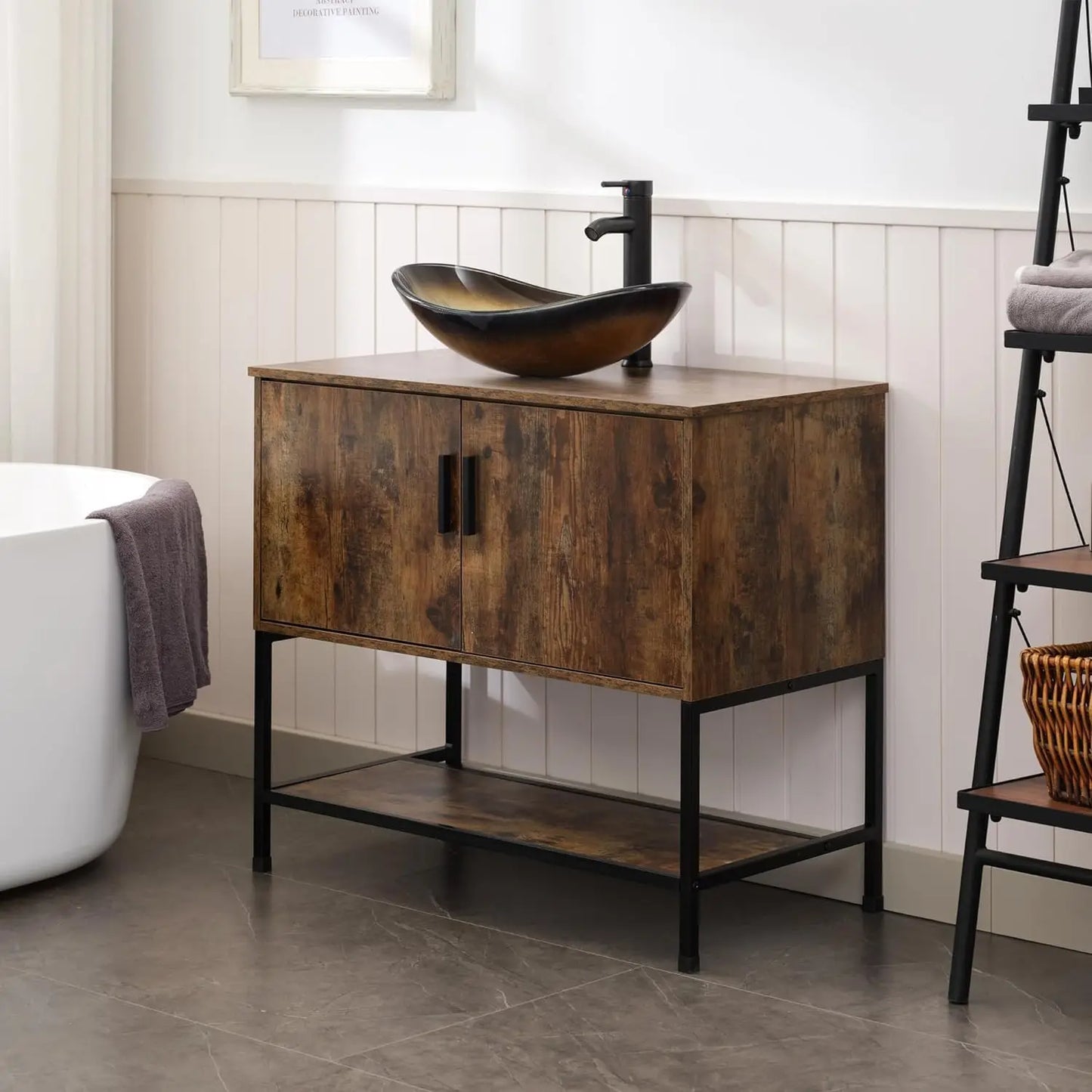 Rustic Industrial Bathroom Vanity With Sink Iron Frame Doors and Shelf