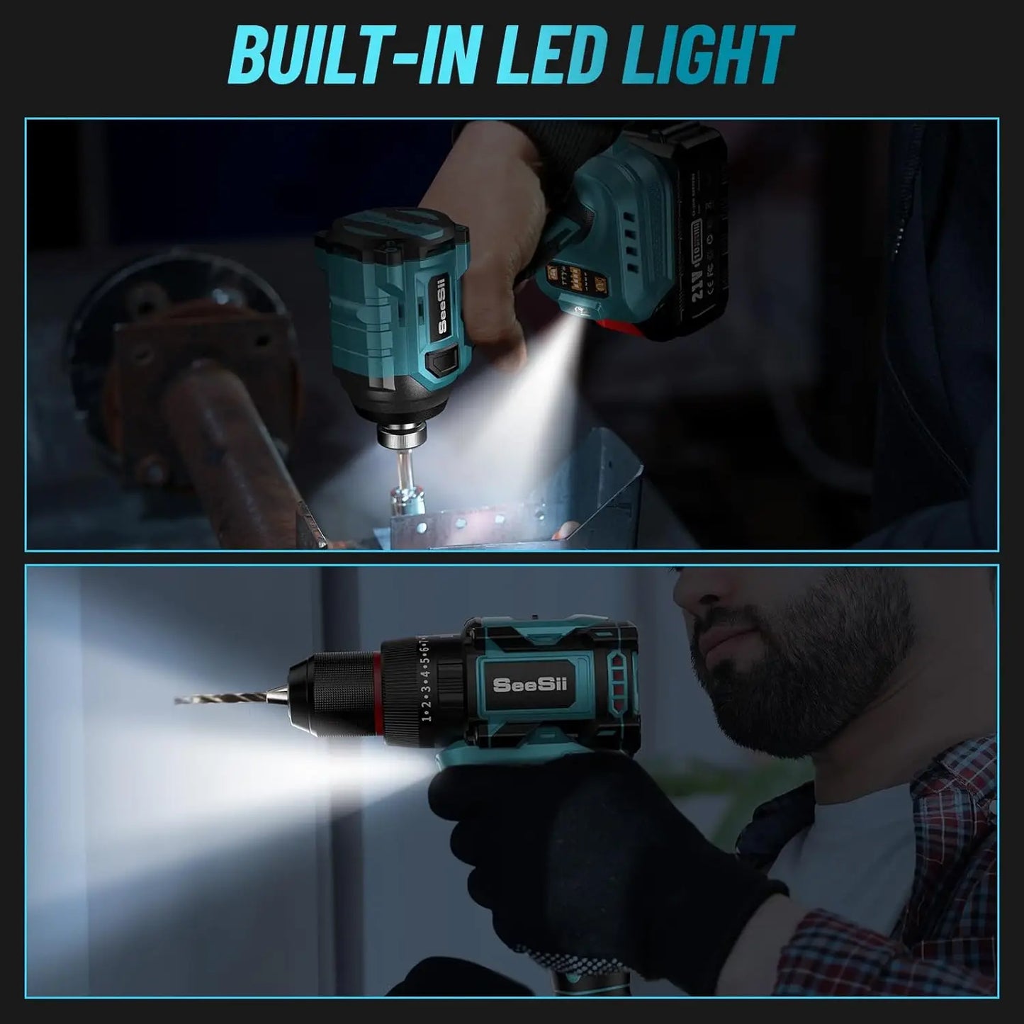 Seesii 21V Max Cordless Drill and Brushless Impact Wrench
