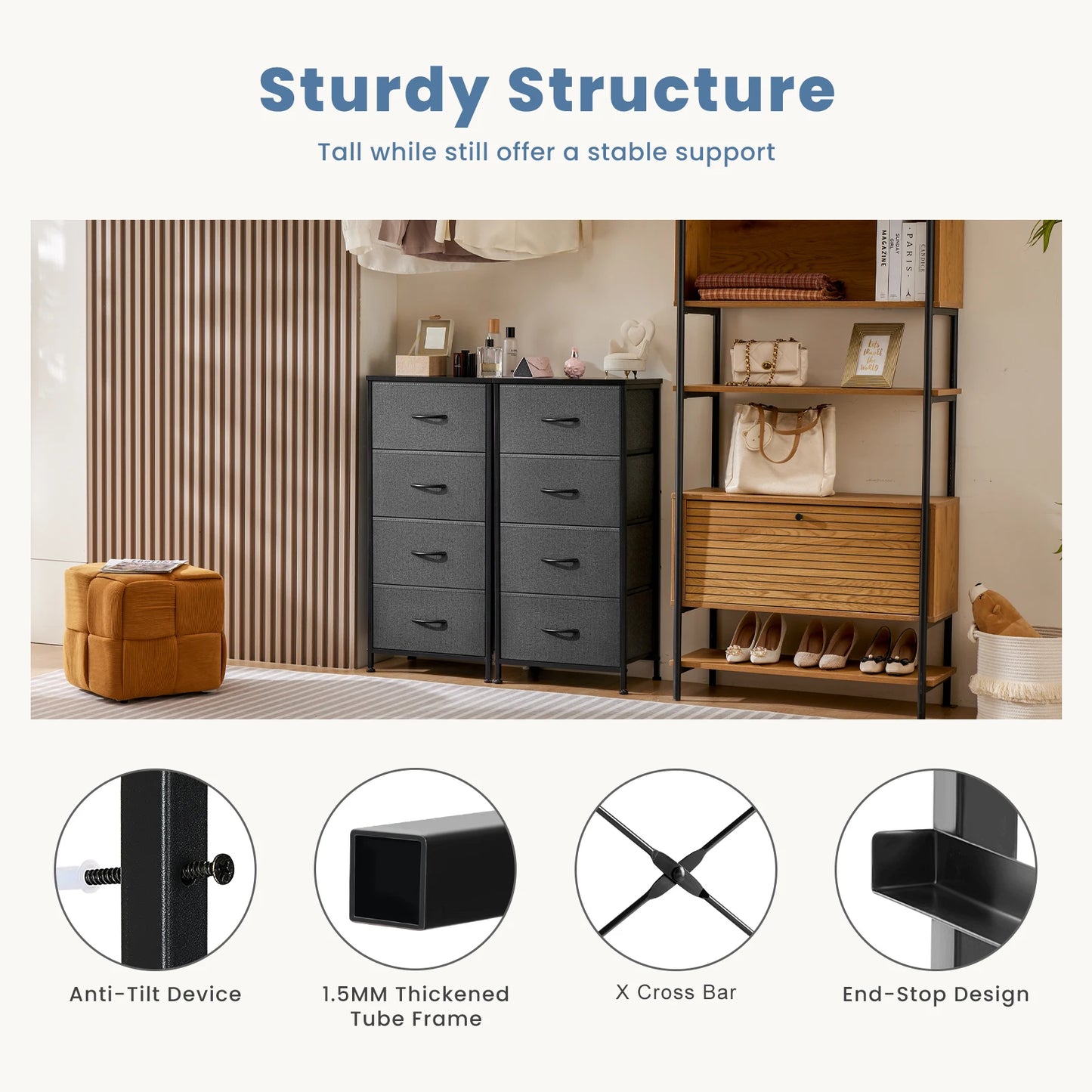 JHK Dresser With 4 Fabric Drawers And Metal Frame Wardrobe