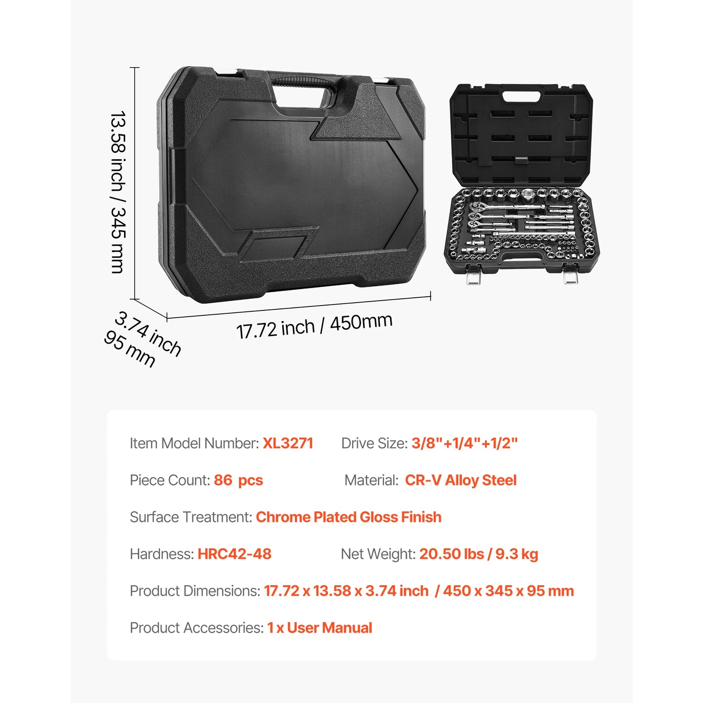 SucceBuy 86 Piece Socket Set With Ratchet Wrench SAE Metric