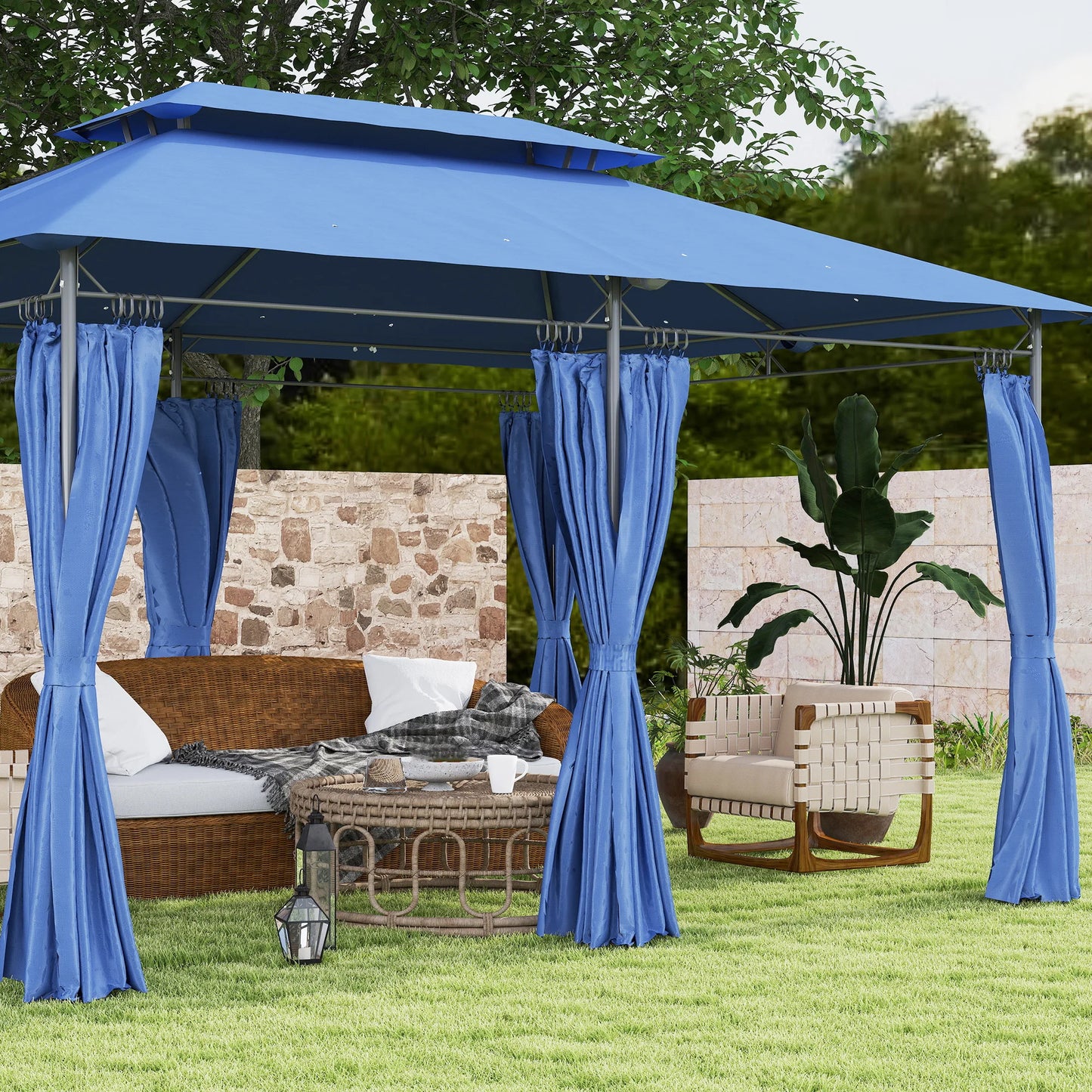 Outsunny Double Roof Patio Gazebo With Curtains Sidewalls