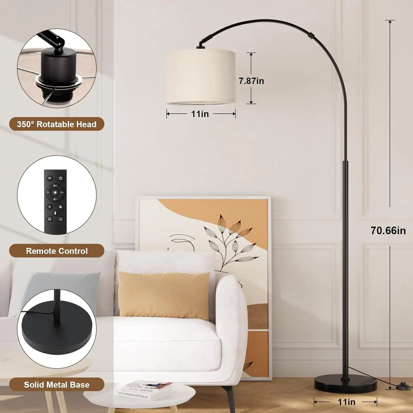 Dimmable Arc Floor Lamp With Remote And Rotating Head