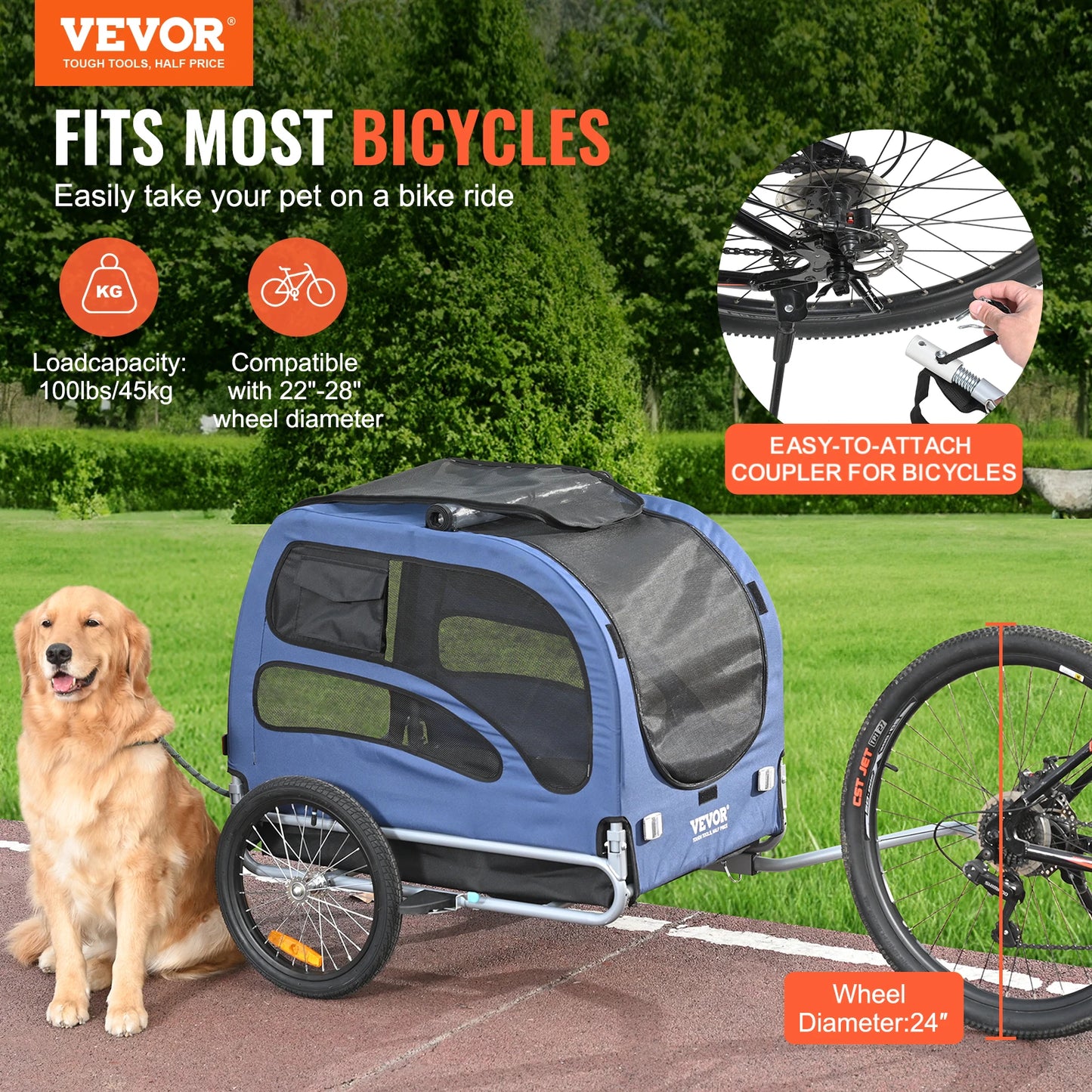 Dog Bicycle Trailer For Dogs With Reflectors And Collapsible Design