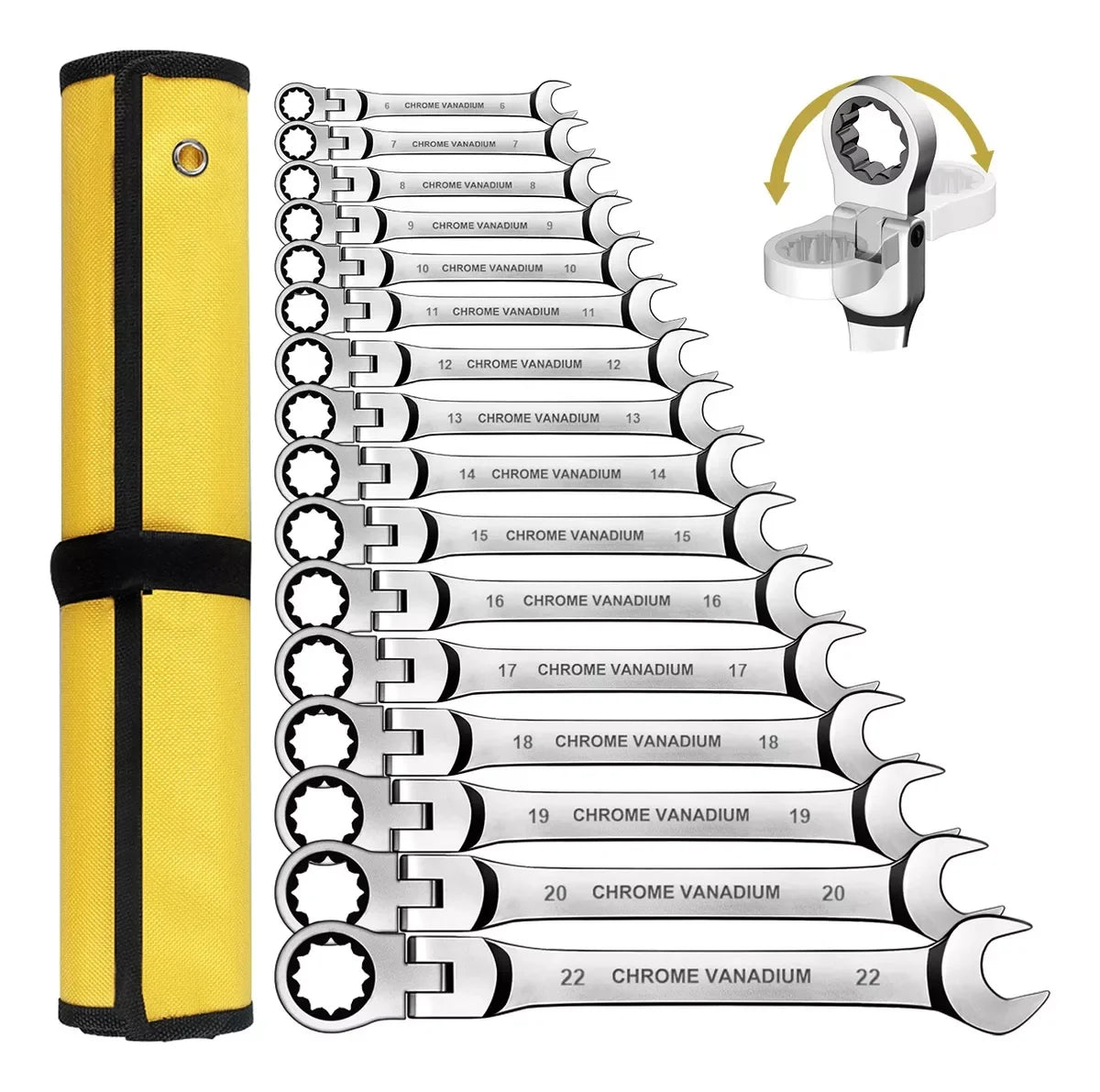 WOZOBUY Flex-Head Ratchet Wrench Set Cr-V Steel With Rolling Pouch