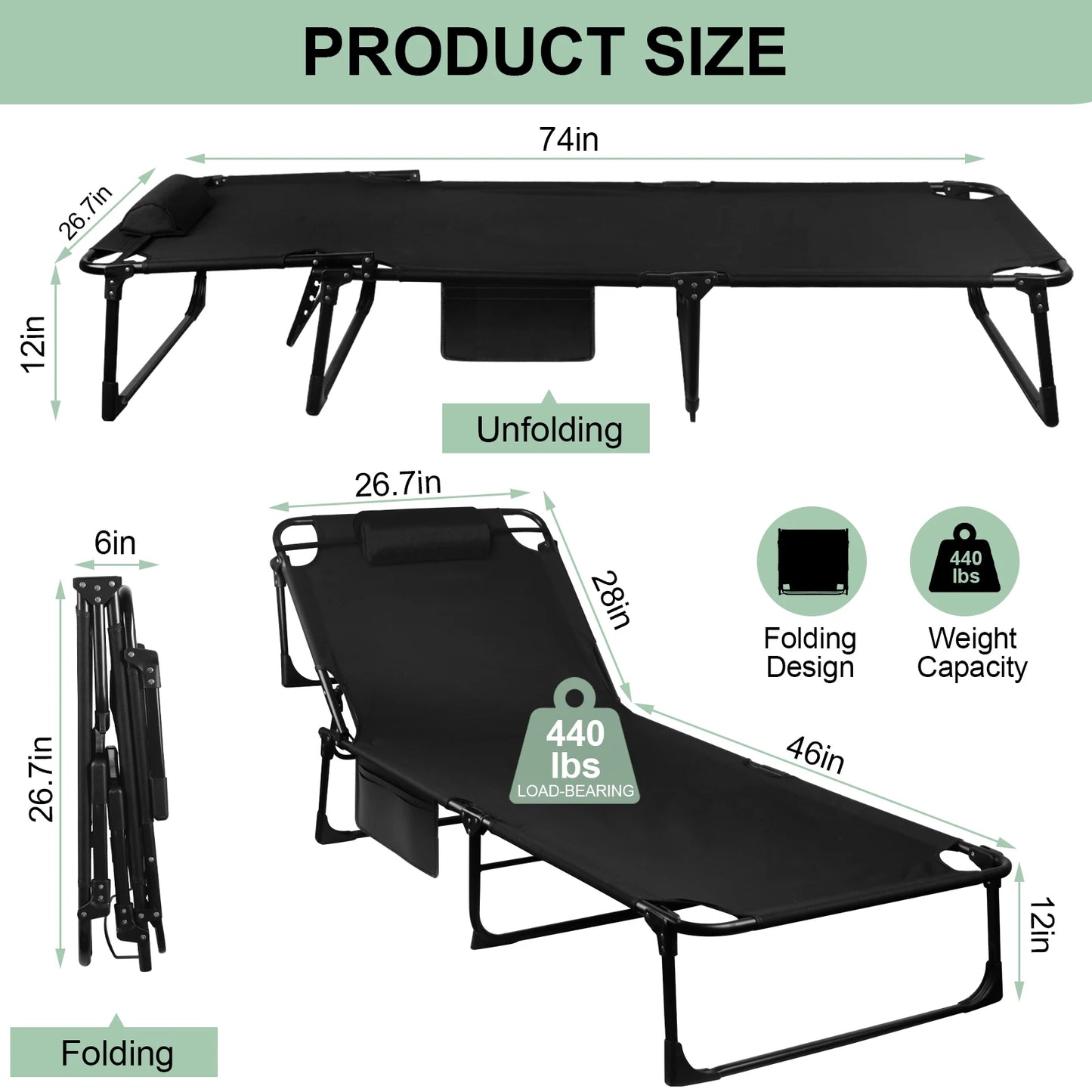 Portable Folding Camping Cot With Adjustable Reclining Pillow