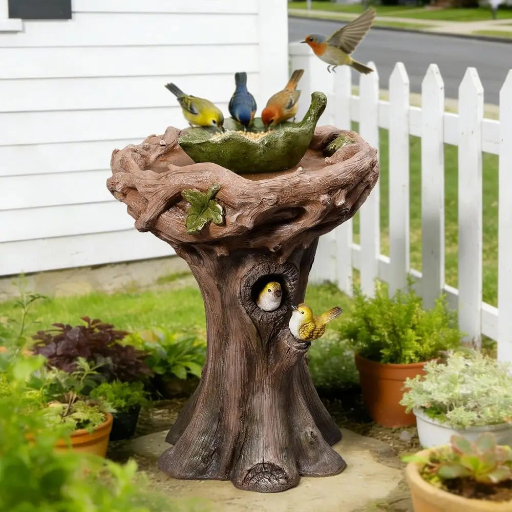Tree Trunk Bird Bath Outdoor Resin With Removable Feeding Bowl