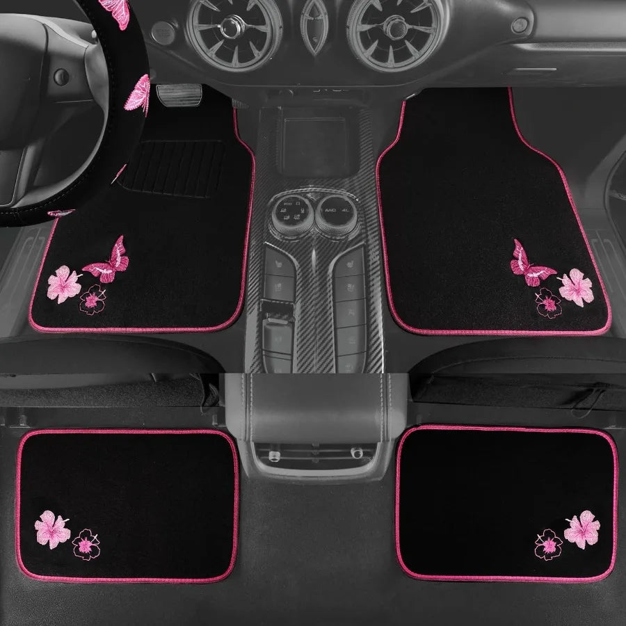 Embroidery Butterfly Steering Wheel Cover And Waterproof Car Floor Mats