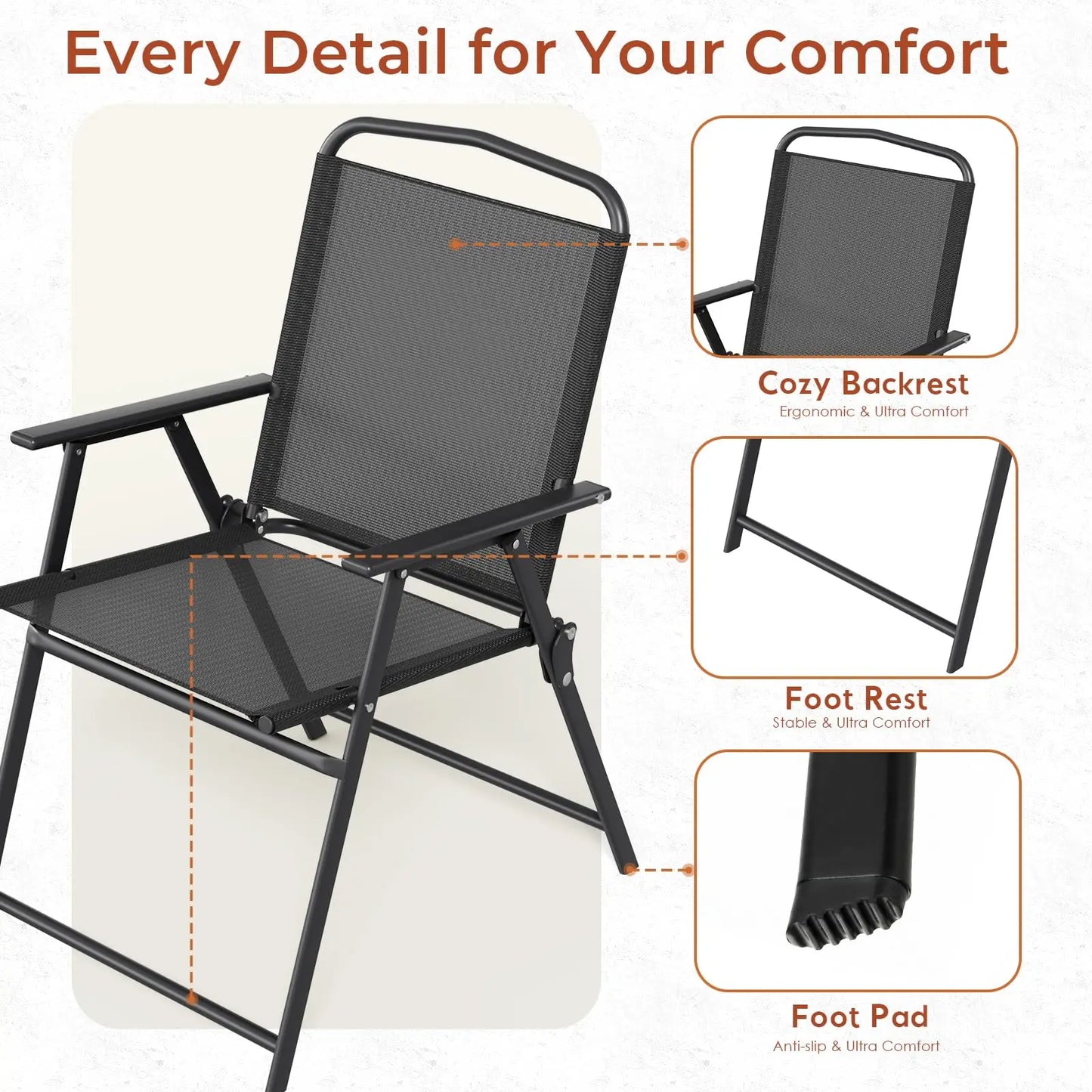 Patio Folding Chairs Outdoor All Weather Textilene Seat Steel Frame