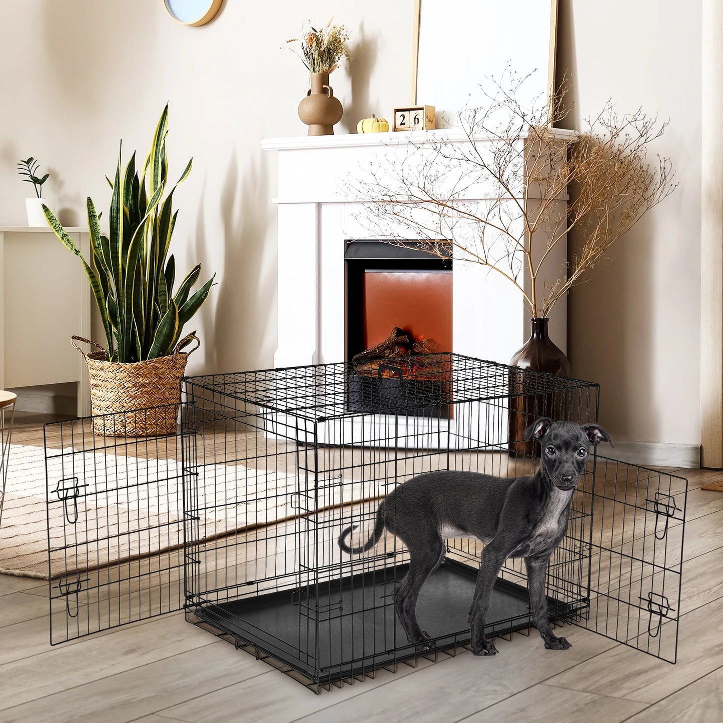 JHK Folding Metal Dog Cage with Leak Proof Pan Tray
