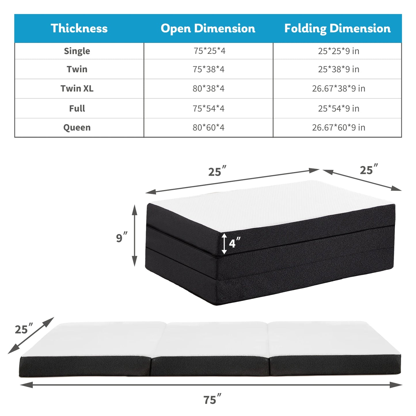 JHK Tri Fold Memory Foam Mattress Washable Cover CertiPURUS Certified