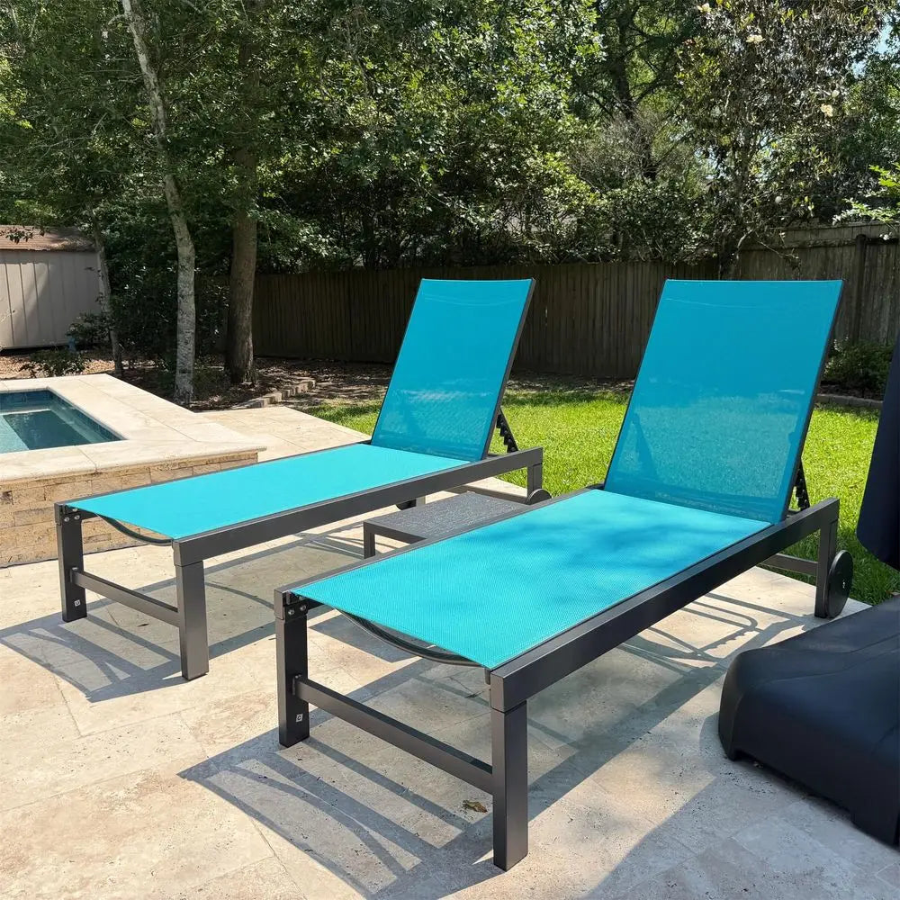 Outdoor Lounge Chairs Pair Resin Adjustable Backrest With Side Table