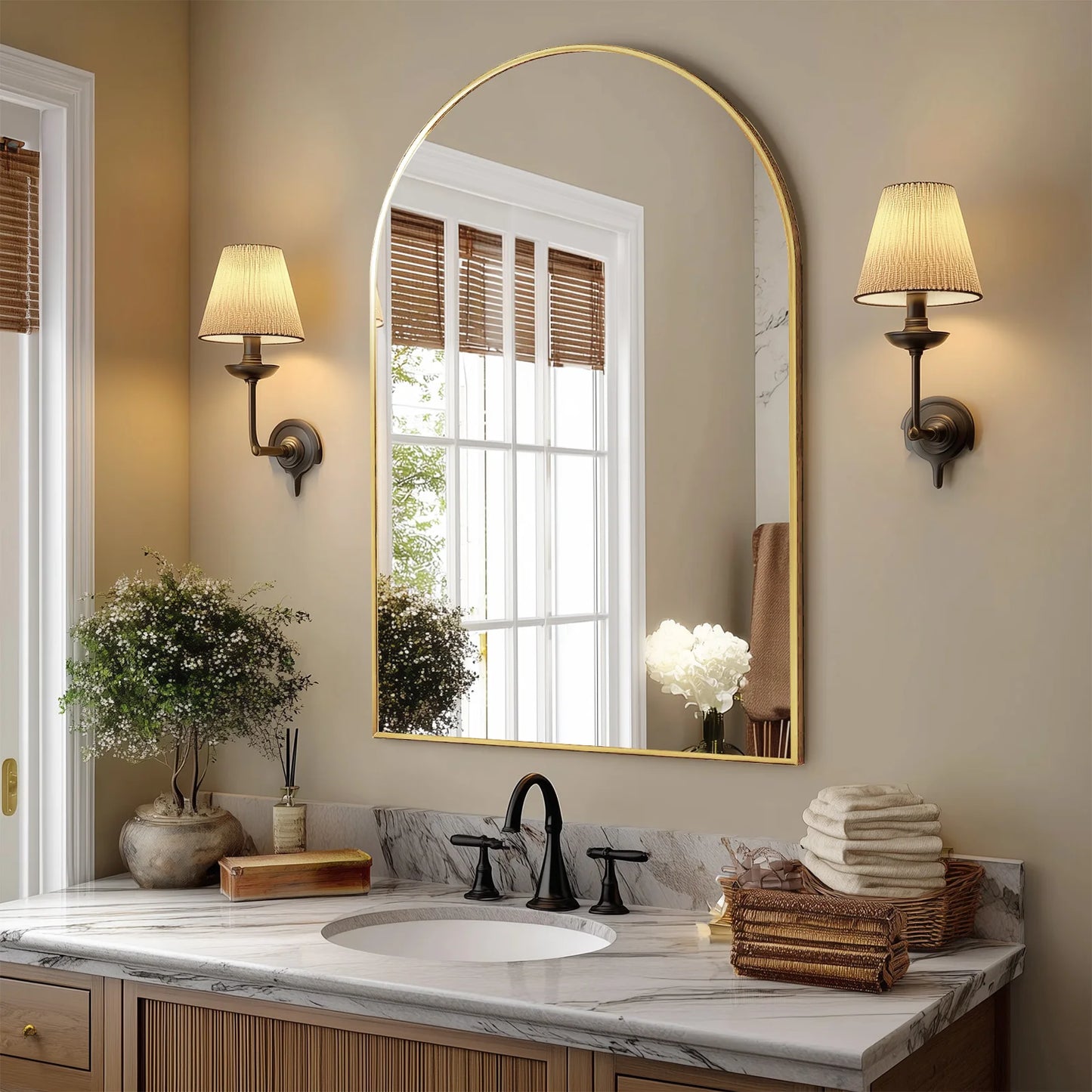 JHK Arched Glass Mirror For Wall Modern Framed Bathroom Decor