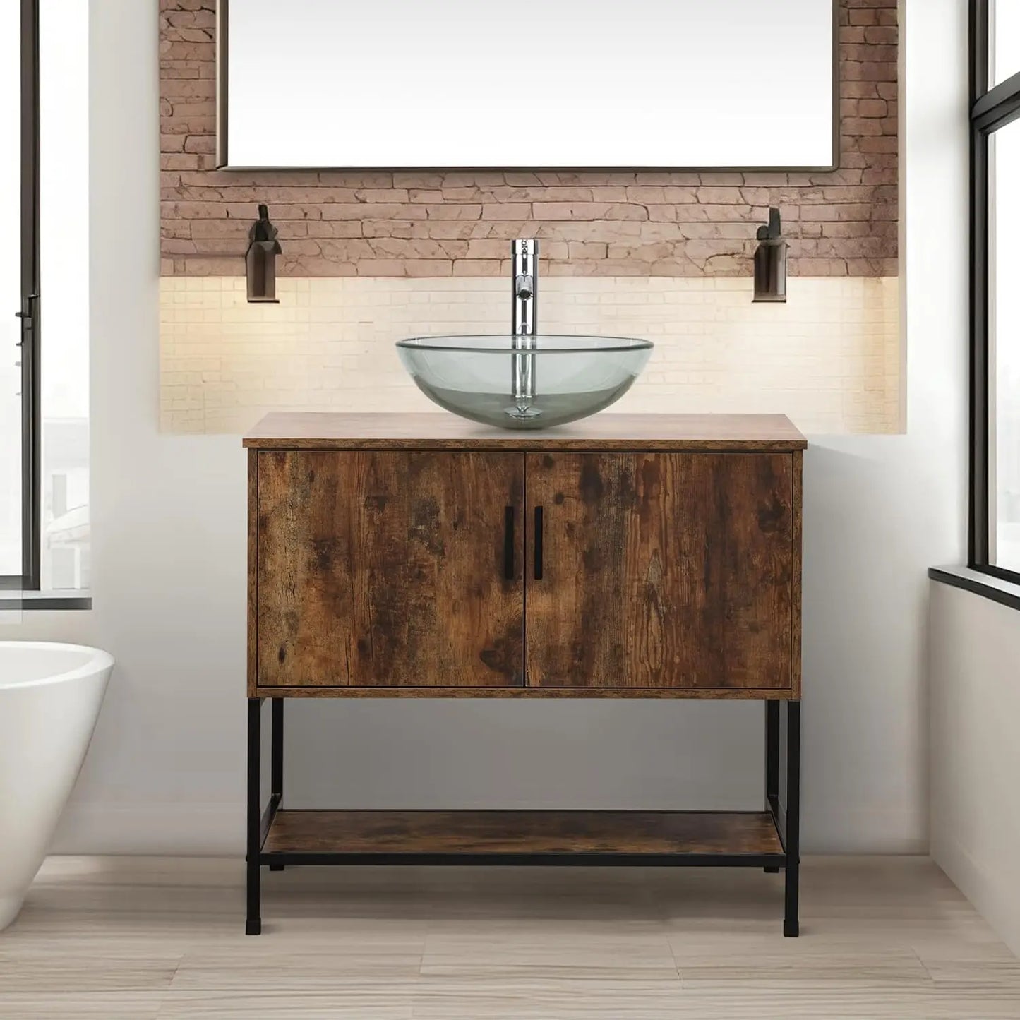 Rustic Industrial Bathroom Vanity With Sink Iron Frame Doors and Shelf