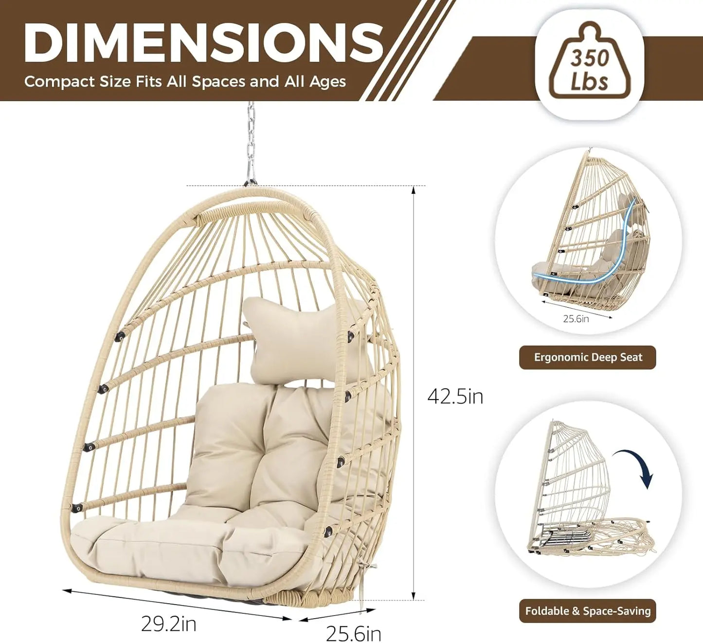 Outdoor Hanging Egg Chair Without Stand With Cushioned Seat