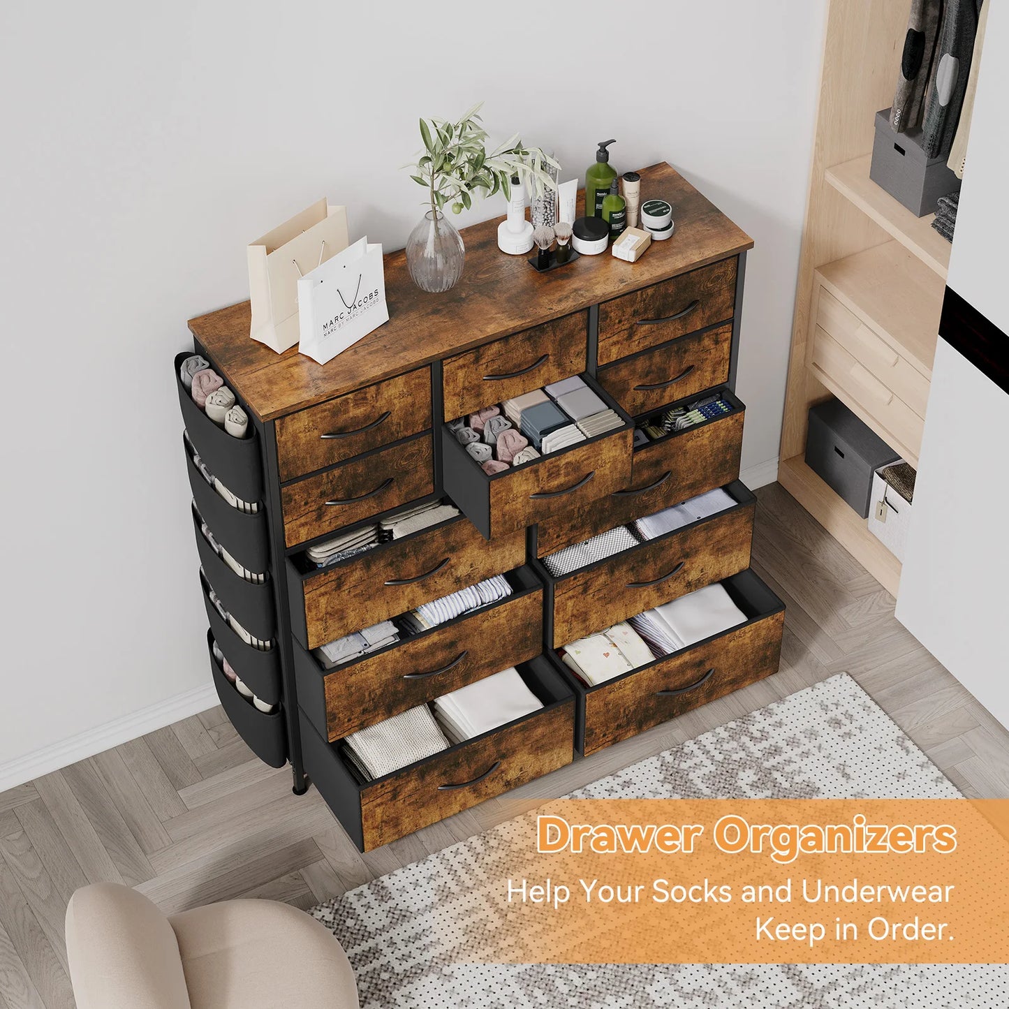 HiMISS Fabric Storage Dresser With Metal Frame And Wood Top