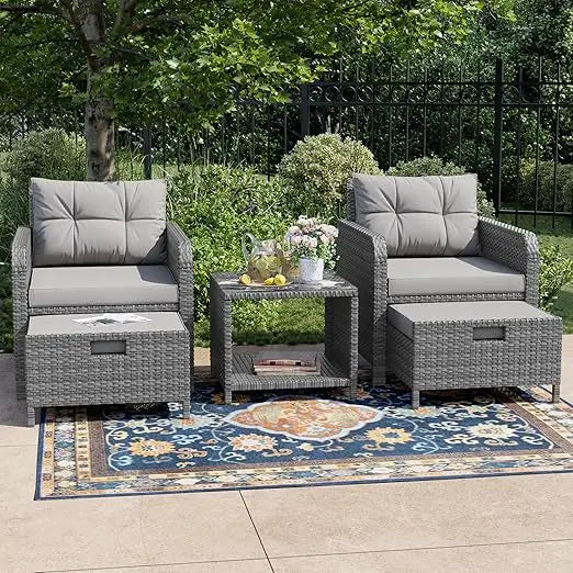Outdoor 5 Piece Balcony Patio Conversation Set With Wicker Rattan