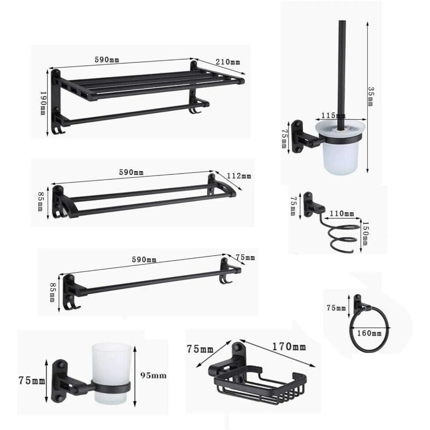 Aluminum 9 Piece Bathroom Hardware Set Towel Bars And Accessories