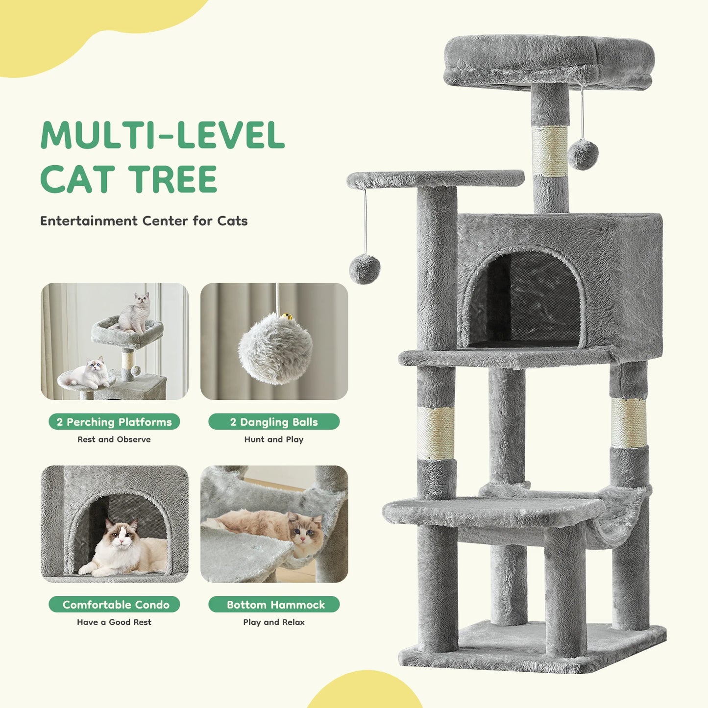 JHK Cat Tree Tall Multi Cat Climbing Tower With Natural Sisal