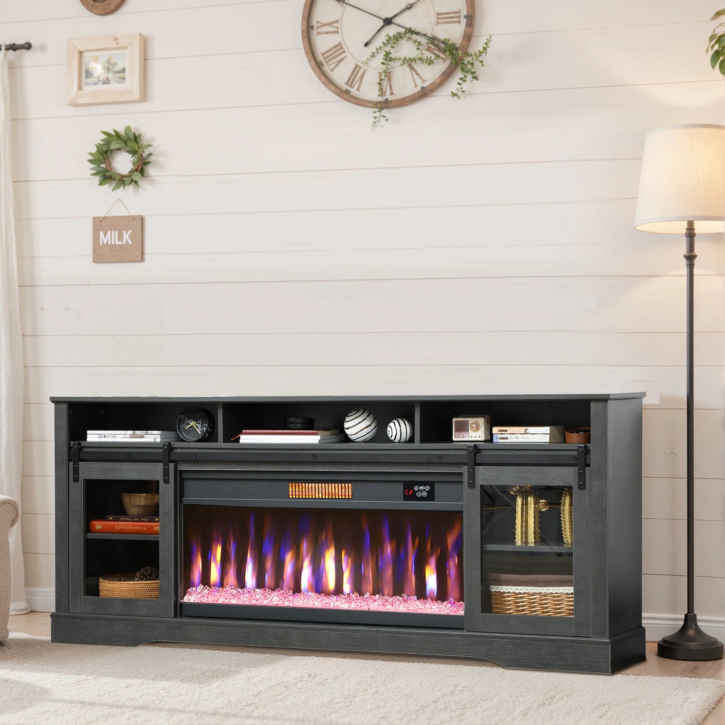 Modern Electric Fireplace TV Stand With LED Lighting Storage Cabinet