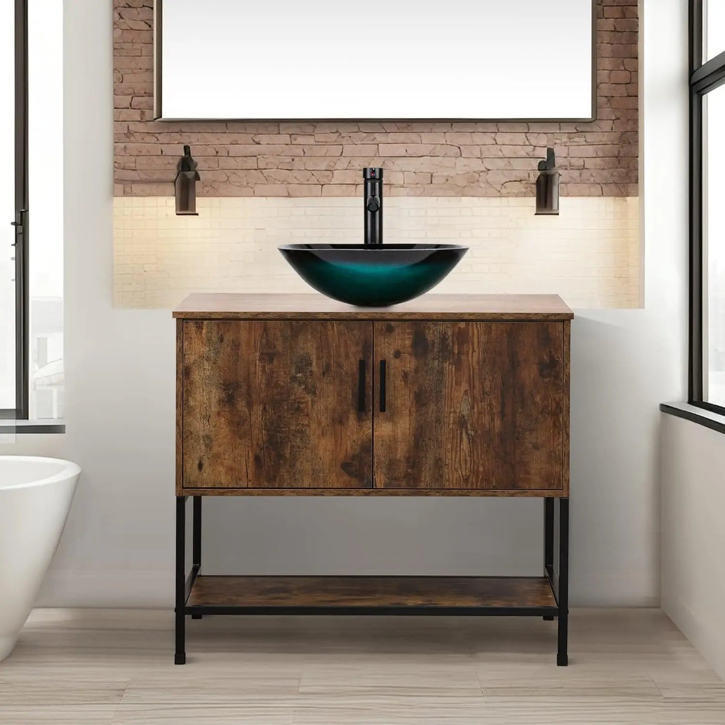 Rustic Industrial Bathroom Vanity With Sink Iron Frame Doors and Shelf