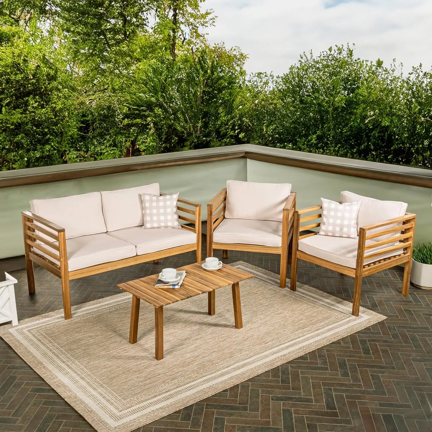 4 Piece Acacia Wood Patio Set With Cushions And Pillows