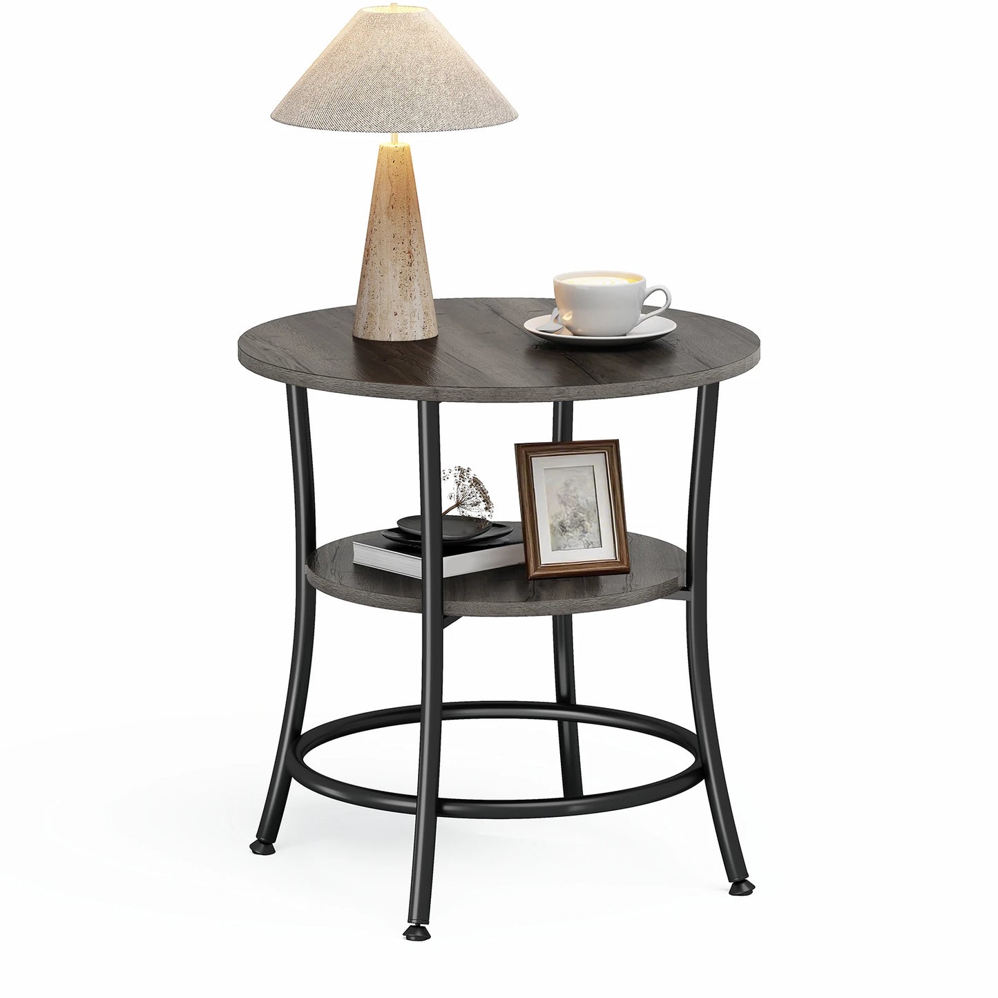 JHK Round Coffee Table With Storage Shelf, 2-Tier Design
