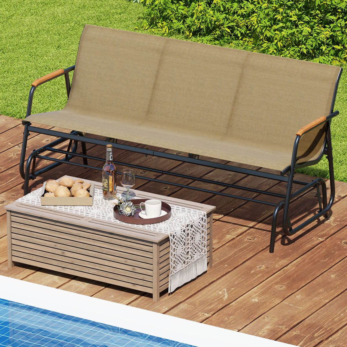 LIFEZEAL Outdoor Patio Glider Bench Loveseat With Curved Teak Armrests