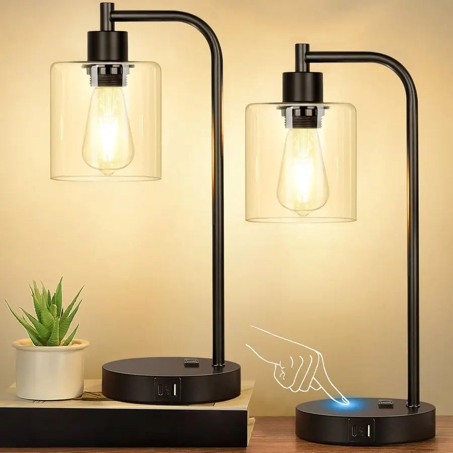 2 Pack Table Lamps With USB Ports AC Outlet Dimmable