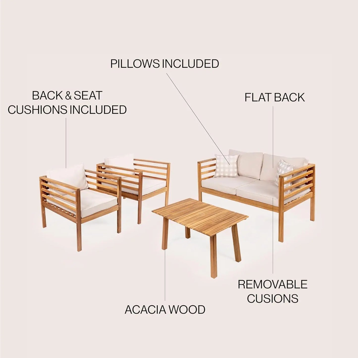 4 Piece Acacia Wood Patio Set With Cushions And Pillows