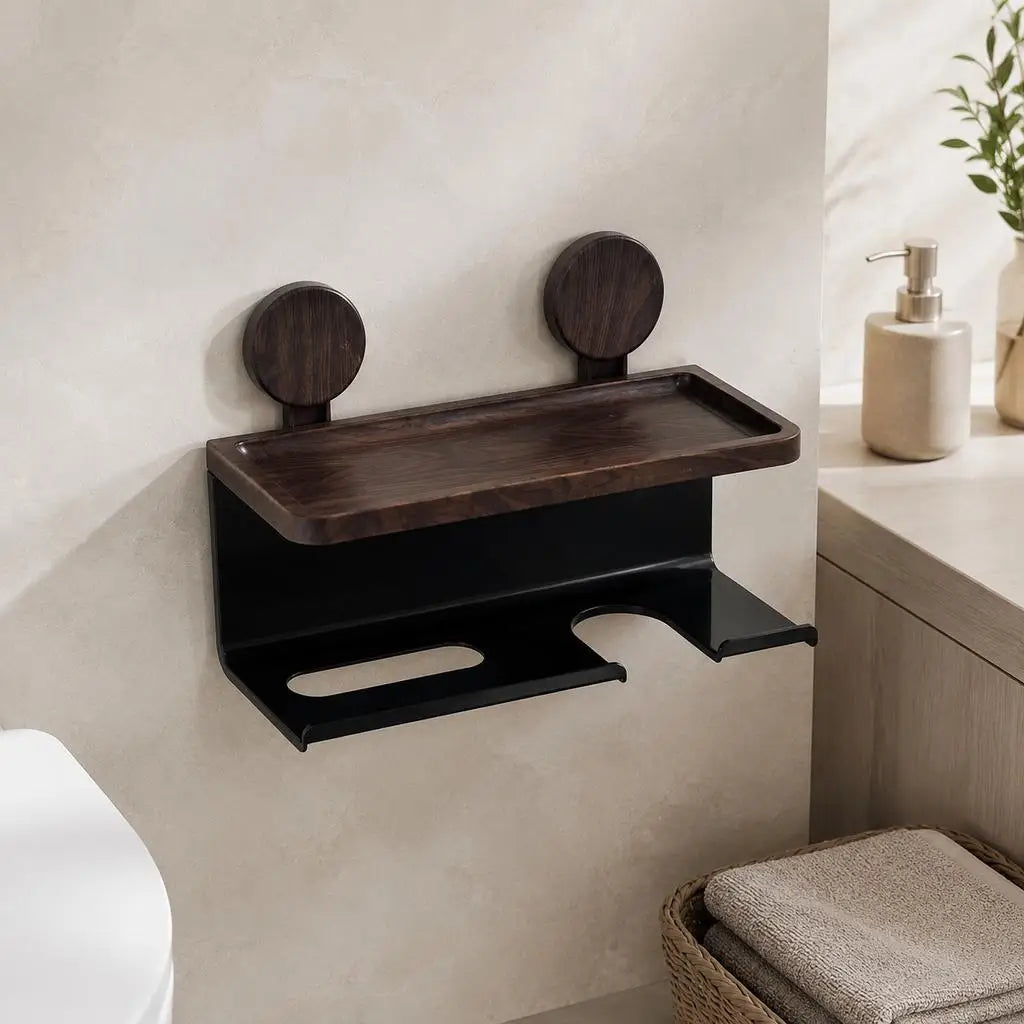 Bathroom Wall Organizer Toilet Paper Holder Shelf Hairdryer Storage Rack