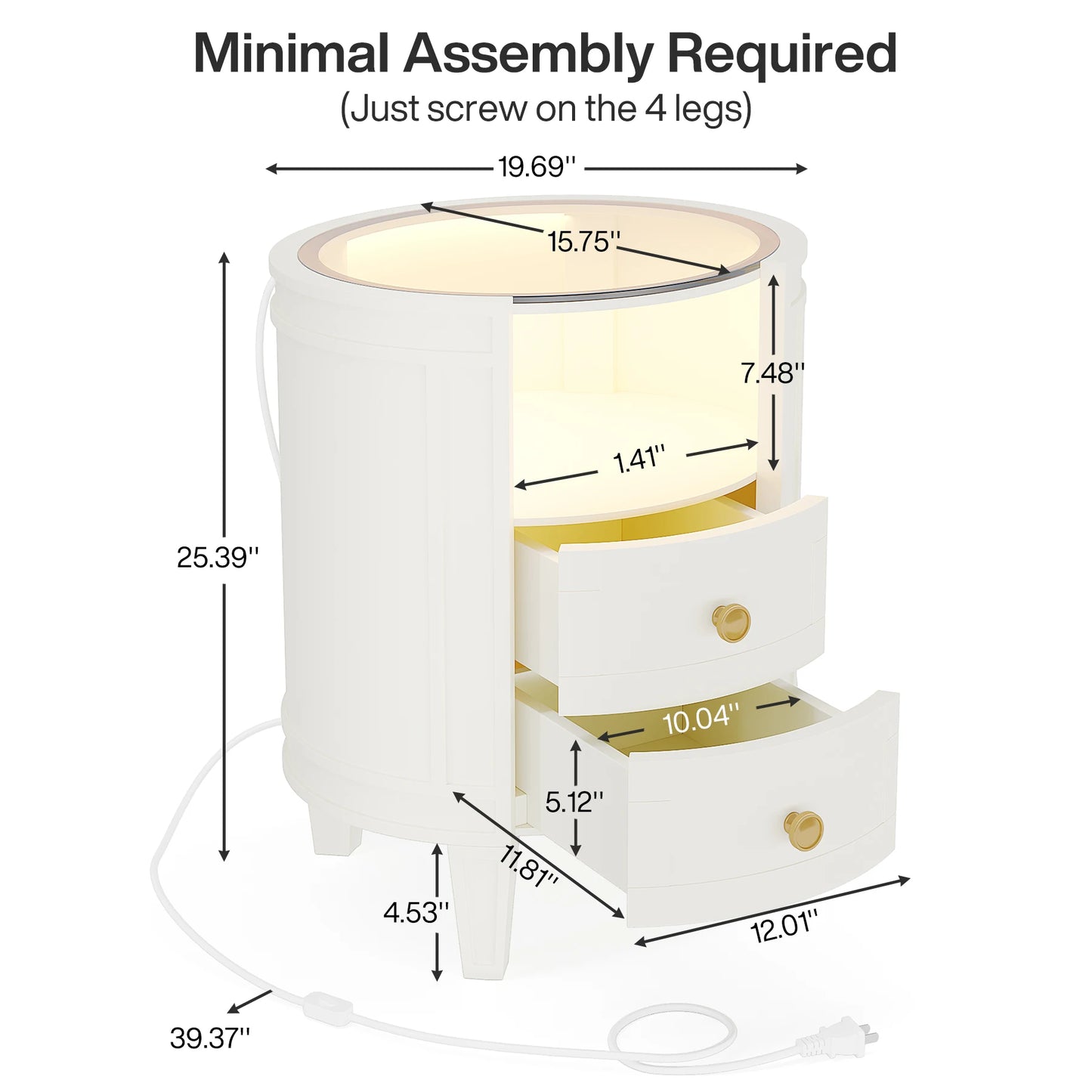 Little Tree 2 Drawer Nightstand Glass Tabletop Modern LED Nightstand