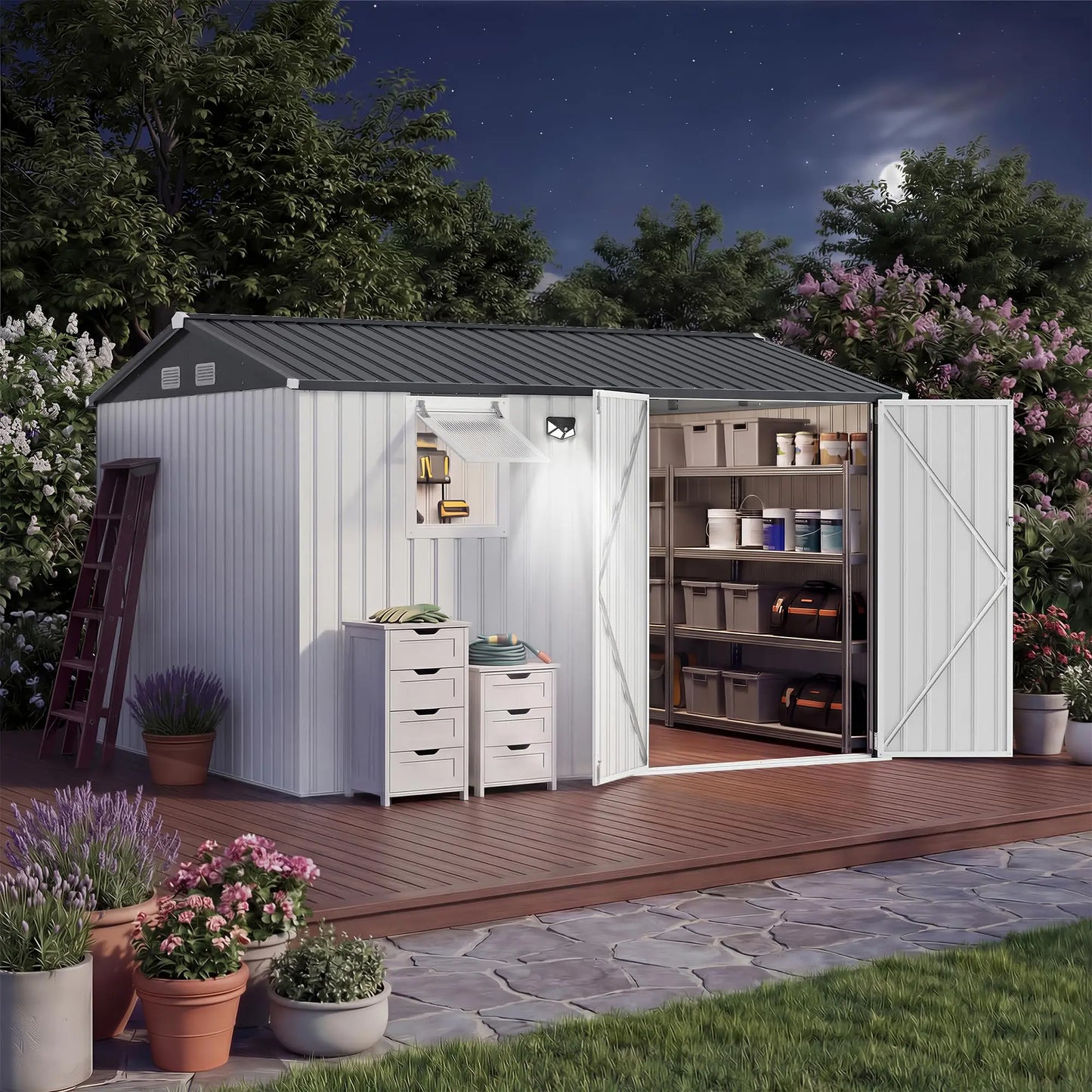 HiMISS Steel Garden Storage Shed Lockable Doors With Sloped Roof
