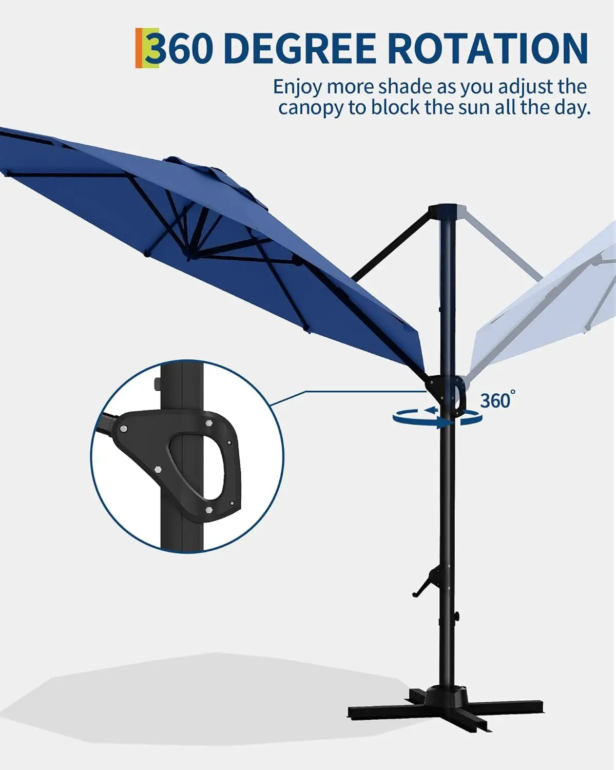HiMISS Patio Umbrella Cantilever With 360 Degree Rotation Aluminum Frame