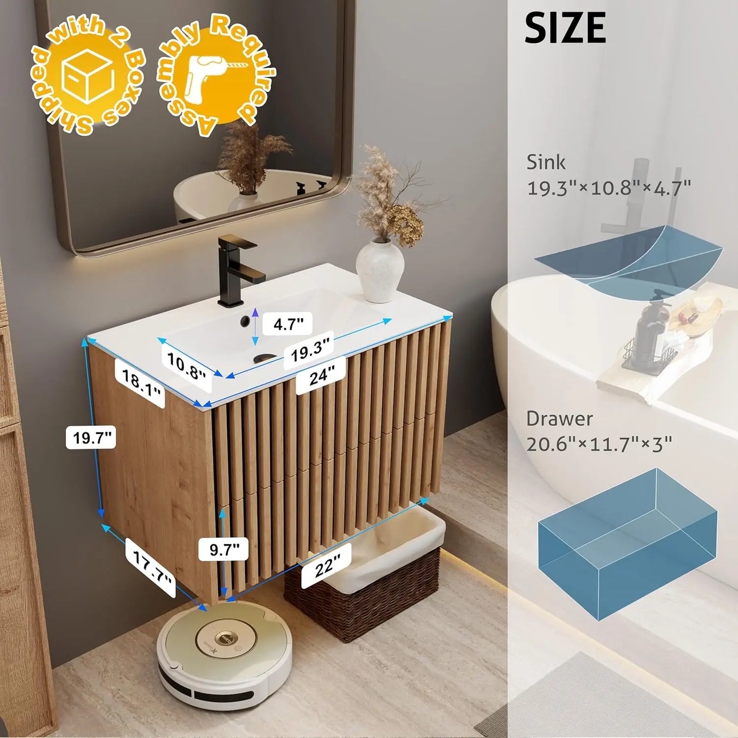 Floating Bathroom Vanity With Sink And Two Fluted Drawers