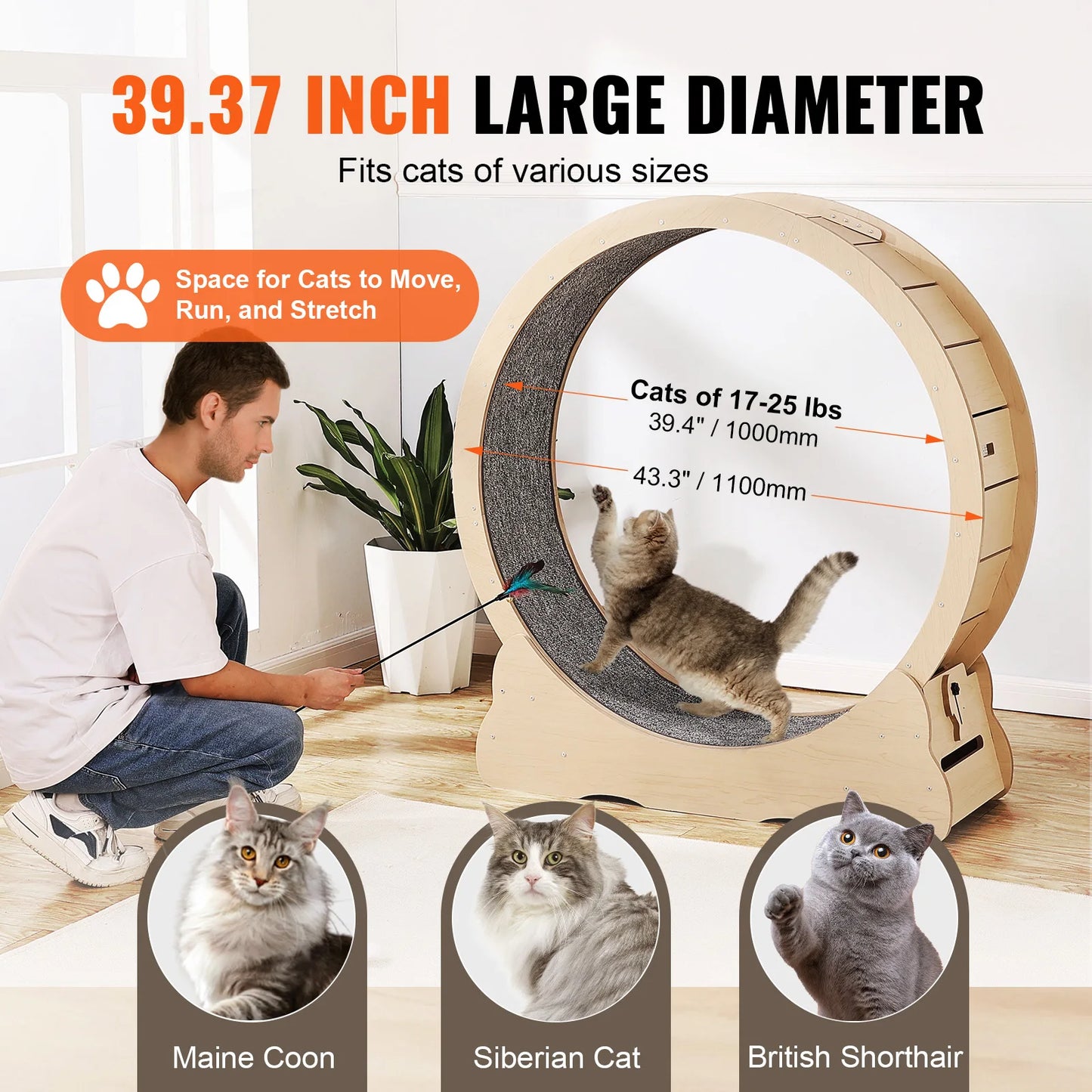 Wooden Cat Exercise Wheel for Indoor Running with Detachable Carpet