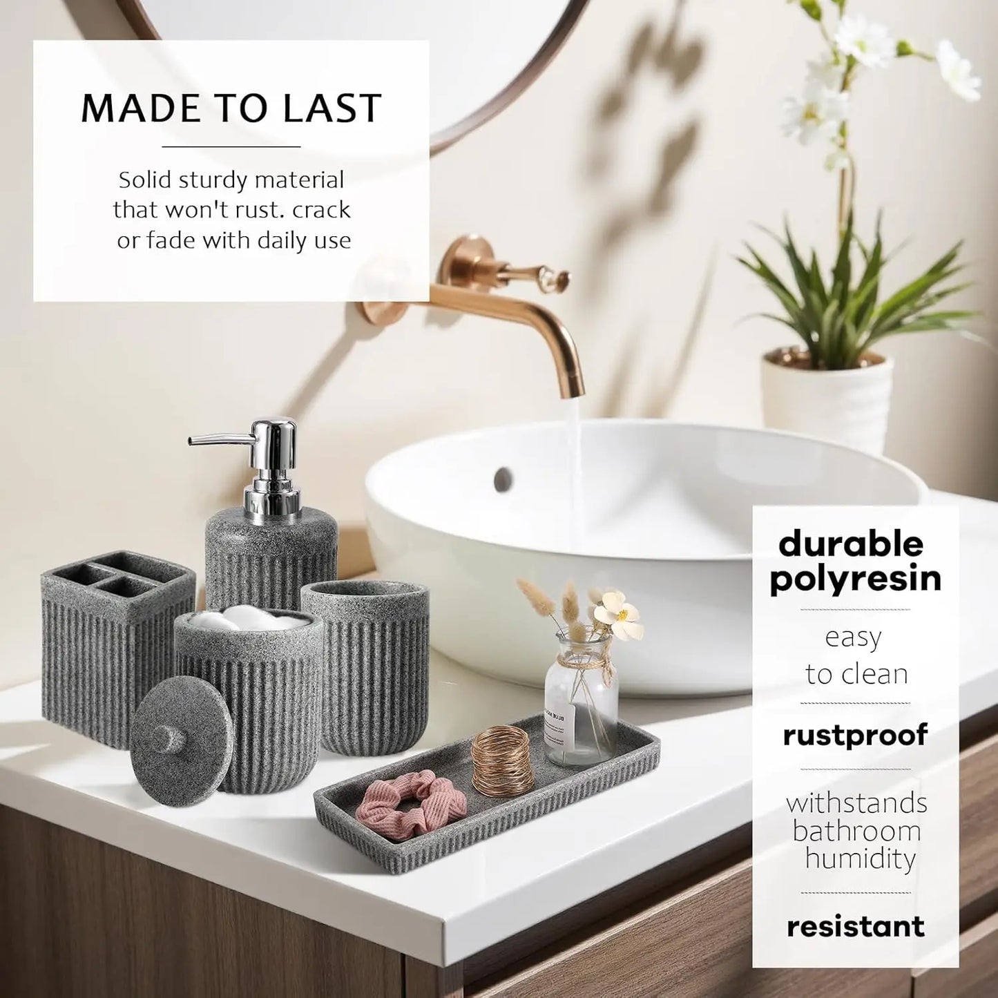 Eight Piece Resin Bathroom Set With Shower Curtain And Accessories