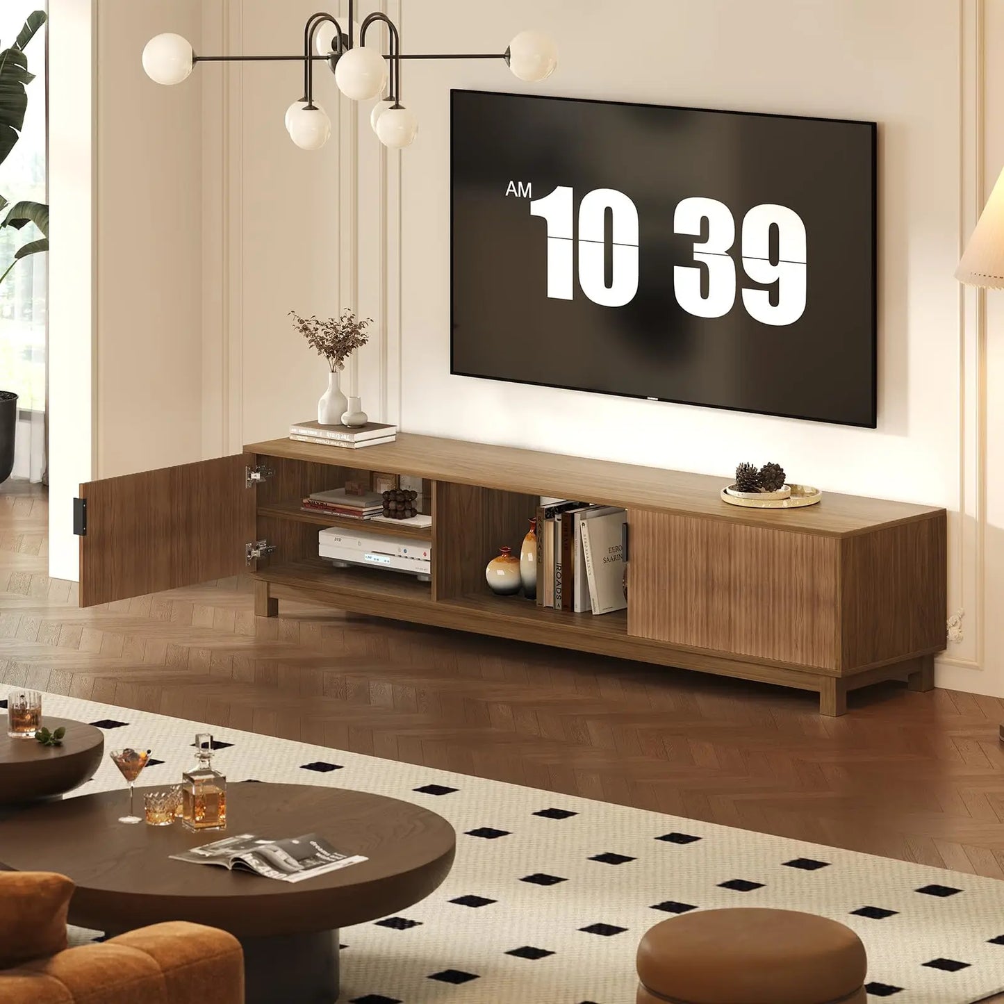 HiMISS Mid Century Fluted Wood TV Stand With Adjustable Shelves