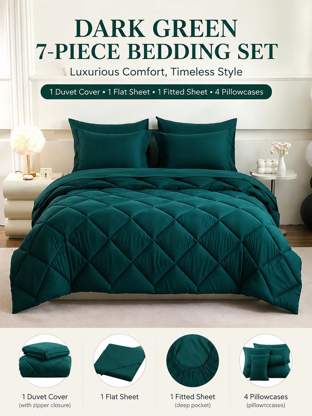 EasYum 7 Piece Bedding Set Comforter Flat Fitted Sheet Pillowcase