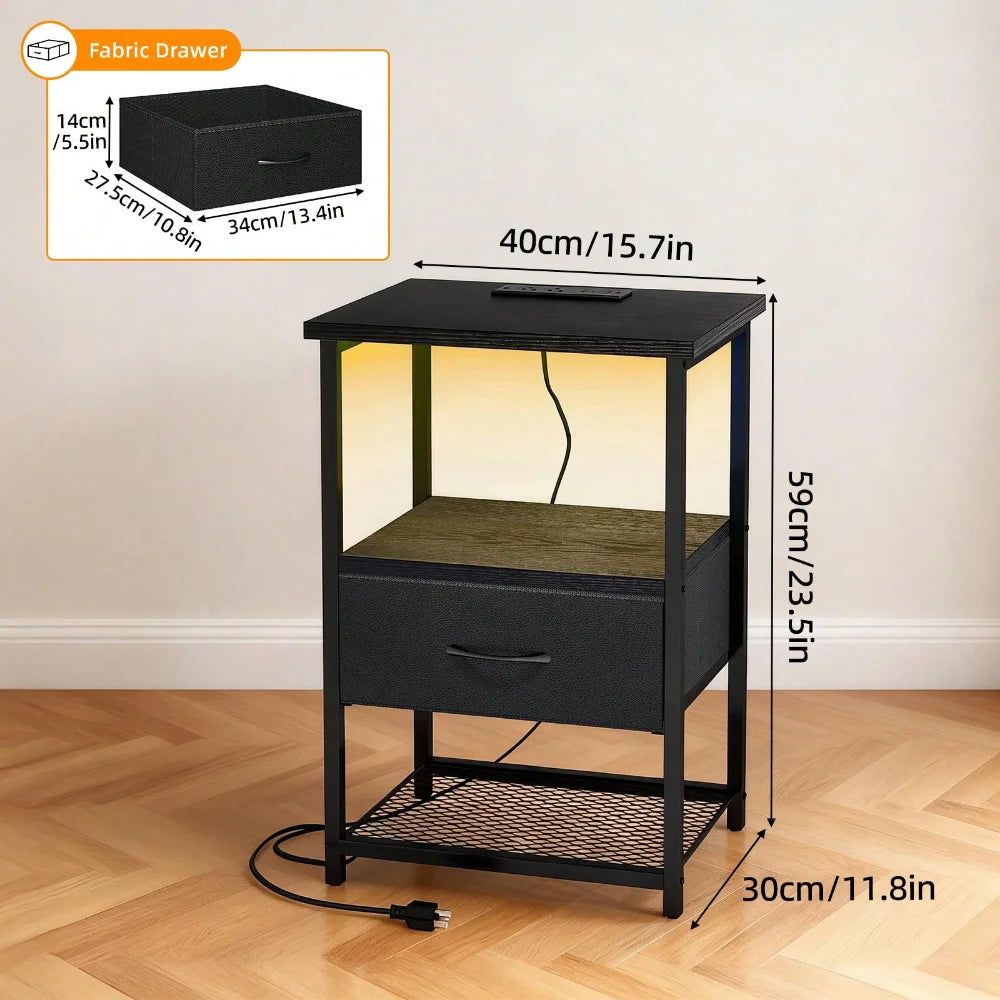 Bedside Table With Charging Station LED Nightstand